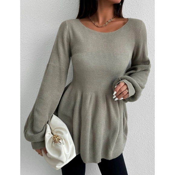Round neck Bishop Sleeve Ruffle Hem Sweater - Picture 9 of 10